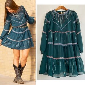 Savanna Jane Embroidered Western Boho Prairie Hunter Green Long Sleeve Dress S